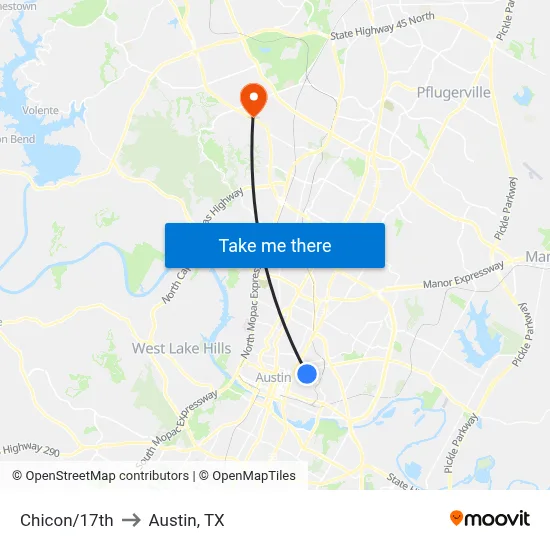Chicon/17th to Austin, TX map