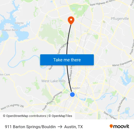 911 Barton Springs/Bouldin to Austin, TX map