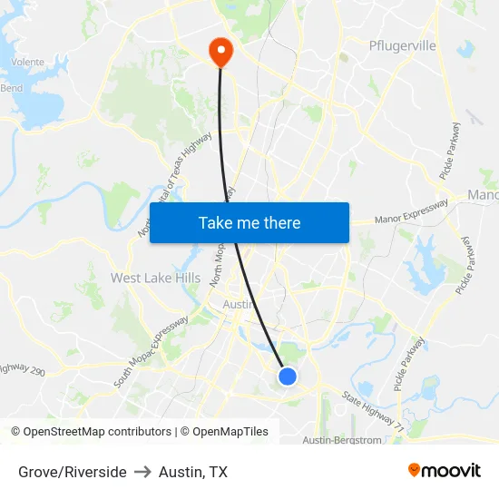 Grove/Riverside to Austin, TX map