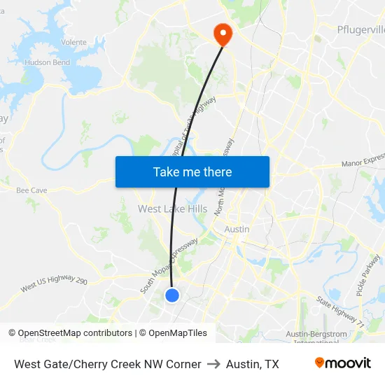 West Gate/Cherry Creek NW Corner to Austin, TX map
