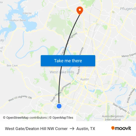 West Gate/Deaton Hill NW Corner to Austin, TX map