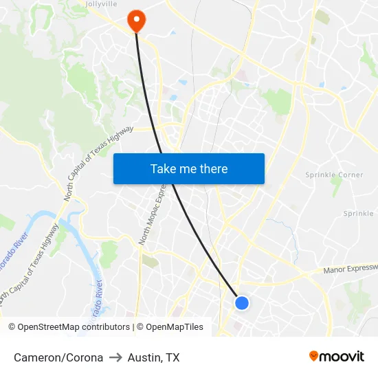 Cameron/Corona to Austin, TX map