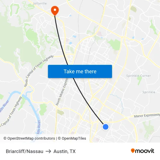 Briarcliff/Nassau to Austin, TX map