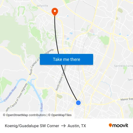 Koenig/Guadalupe SW Corner to Austin, TX map