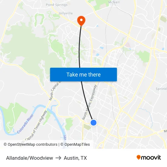 Allandale/Woodview to Austin, TX map