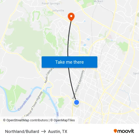 Northland/Bullard to Austin, TX map