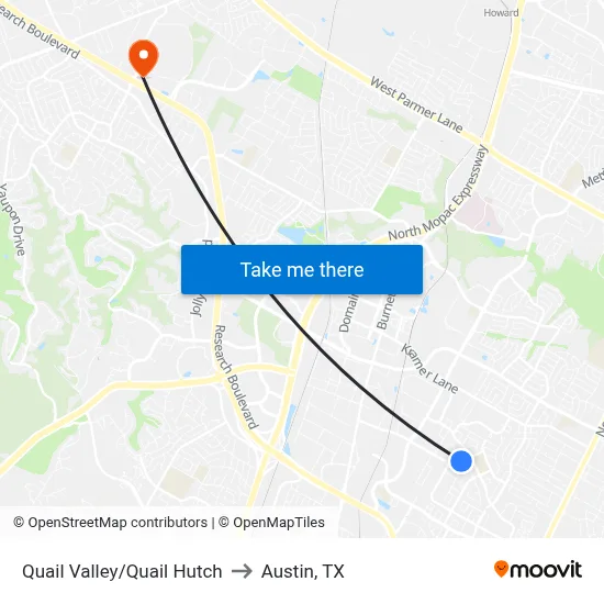 Quail Valley/Quail Hutch to Austin, TX map