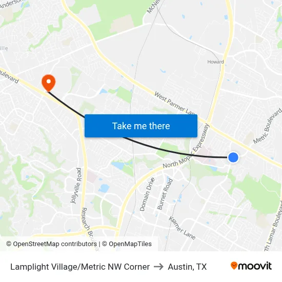 Lamplight Village/Metric NW Corner to Austin, TX map