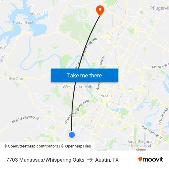 7703 Manassas/Whispering Oaks to Austin, TX map