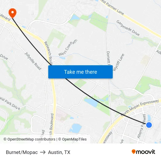 Burnet/Mopac to Austin, TX map