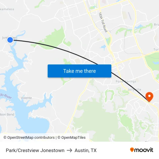 Park/Crestview Jonestown to Austin, TX map