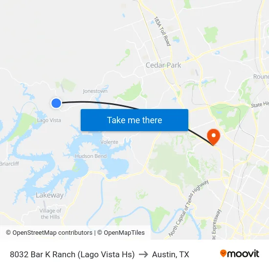 8032 Bar K Ranch (Lago Vista Hs) to Austin, TX map