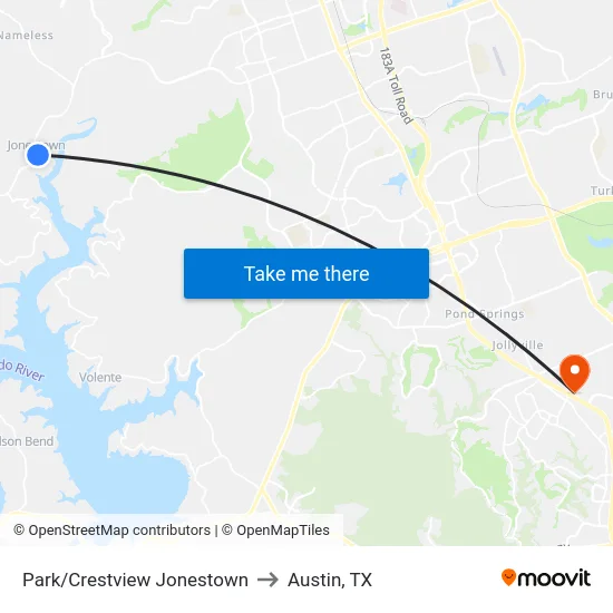 Park/Crestview Jonestown to Austin, TX map