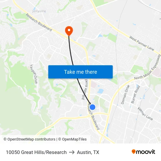 10050 Great Hills/Research to Austin, TX map