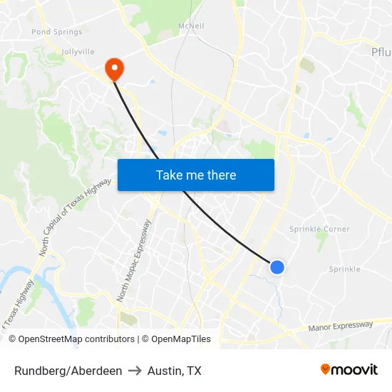 Rundberg/Aberdeen to Austin, TX map