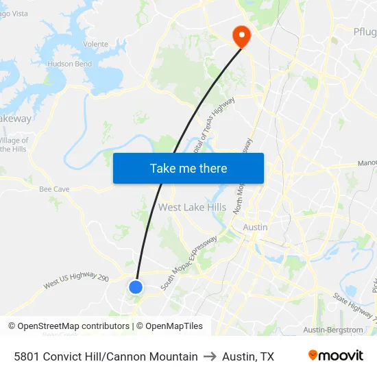 5801 Convict Hill/Cannon Mountain to Austin, TX map