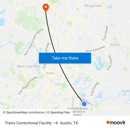 Travis Correctional Facility to Austin, TX map