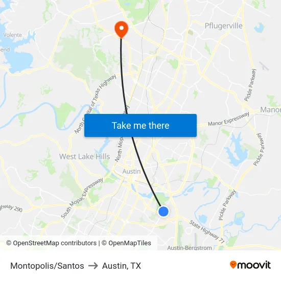 Montopolis/Santos to Austin, TX map