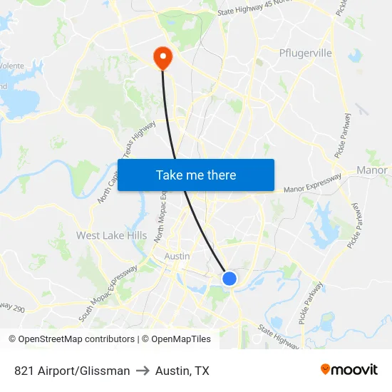 821 Airport/Glissman to Austin, TX map