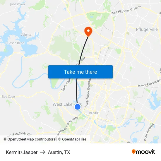 Kermit/Jasper to Austin, TX map