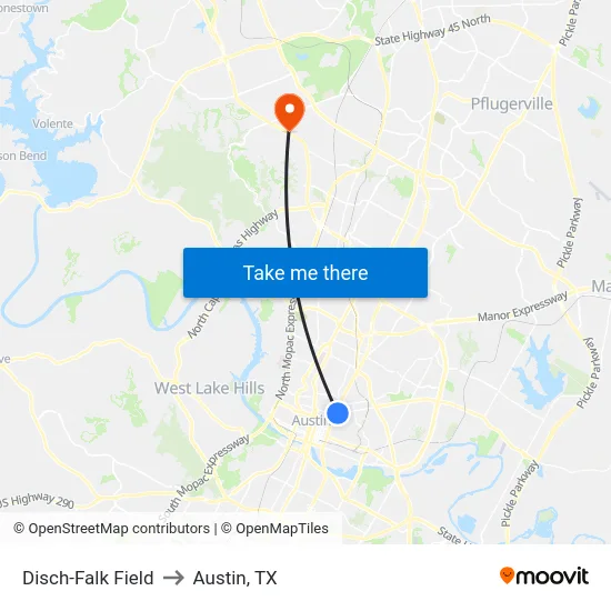 Disch-Falk Field to Austin, TX map