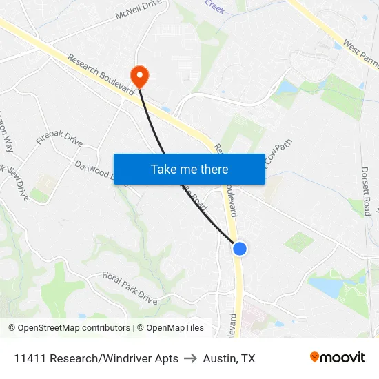 11411 Research/Windriver Apts to Austin, TX map
