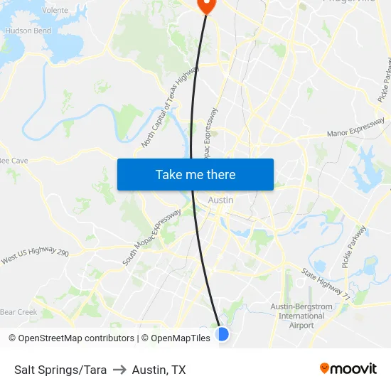 Salt Springs/Tara to Austin, TX map