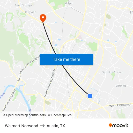 Walmart Norwood to Austin, TX map
