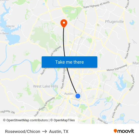 Rosewood/Chicon to Austin, TX map