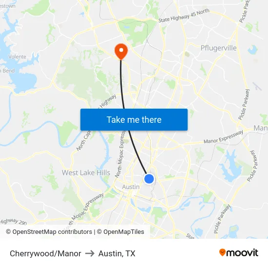 Cherrywood/Manor to Austin, TX map