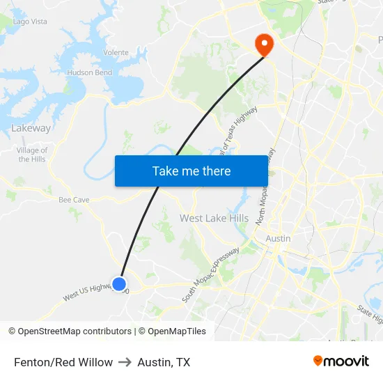 Fenton/Red Willow to Austin, TX map