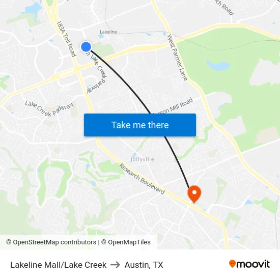 Lakeline Mall/Lake Creek to Austin, TX map
