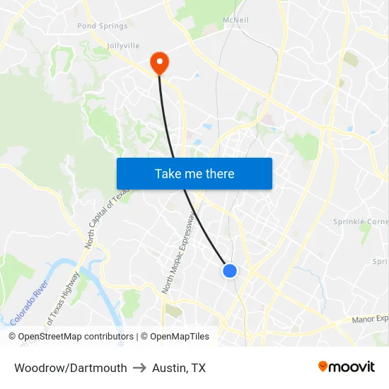 Woodrow/Dartmouth to Austin, TX map