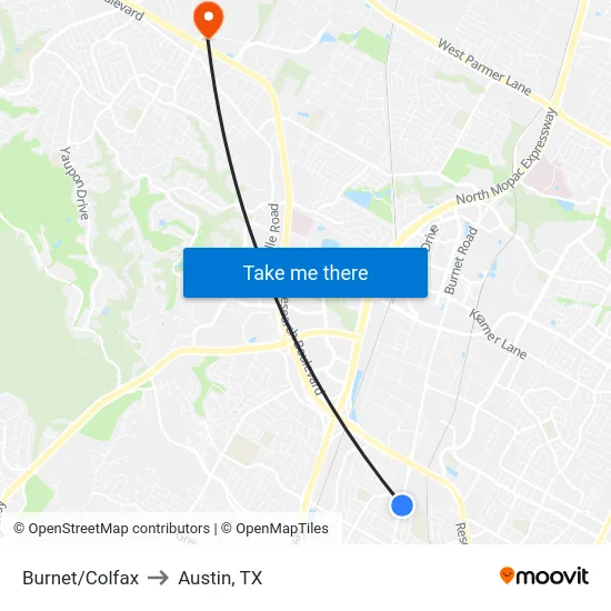 Burnet/Colfax to Austin, TX map