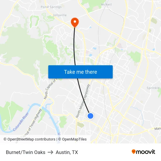 Burnet/Twin Oaks to Austin, TX map