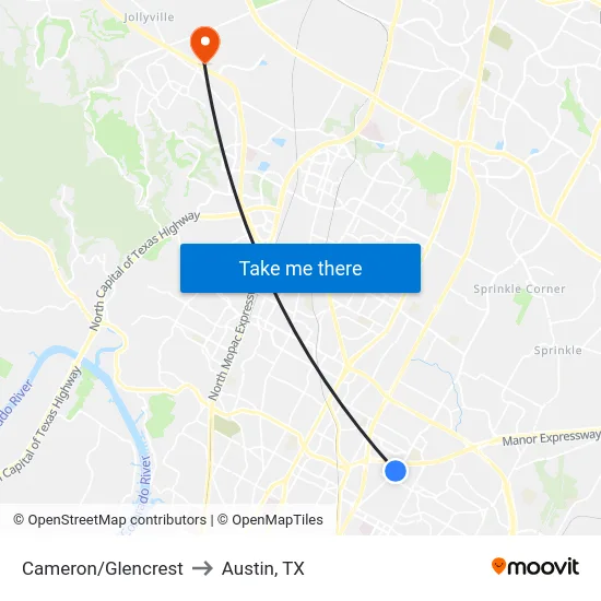 Cameron/Glencrest to Austin, TX map