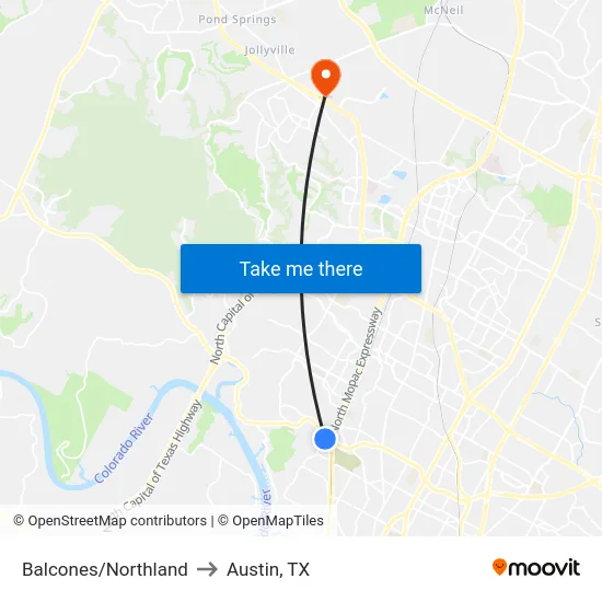 Balcones/Northland to Austin, TX map