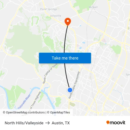 North Hills/Valleyside to Austin, TX map