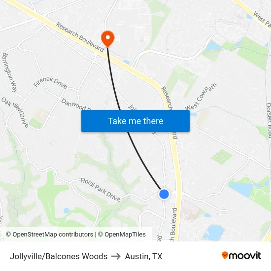 Jollyville/Balcones Woods to Austin, TX map