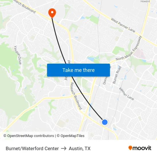 Burnet/Waterford Center to Austin, TX map