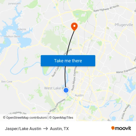 Jasper/Lake Austin to Austin, TX map