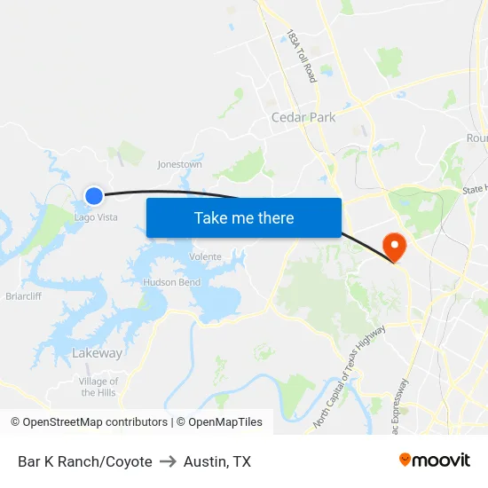 Bar K Ranch/Coyote to Austin, TX map