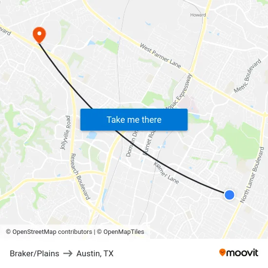 Braker/Plains to Austin, TX map