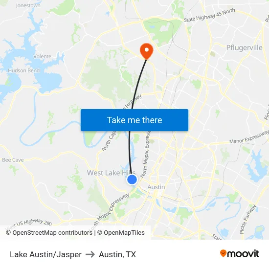 Lake Austin/Jasper to Austin, TX map