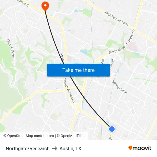 Northgate/Research to Austin, TX map