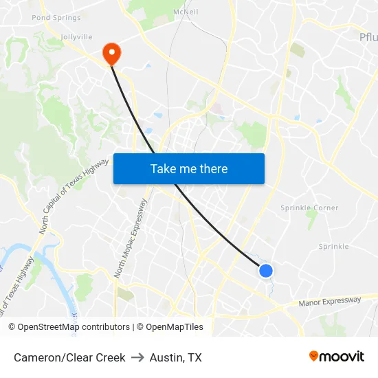 Cameron/Clear Creek to Austin, TX map