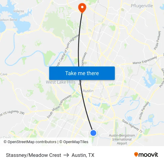 Stassney/Meadow Crest to Austin, TX map