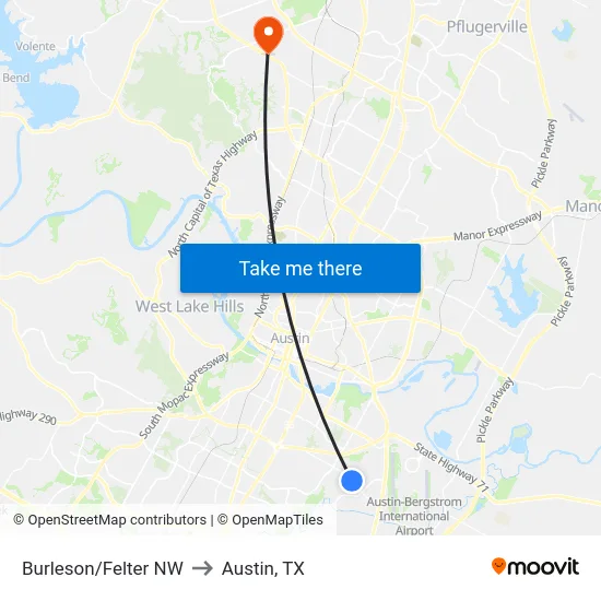 Burleson/Felter NW to Austin, TX map