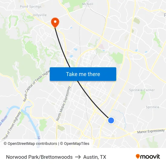 Norwood Park/Brettonwoods to Austin, TX map