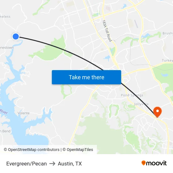 Evergreen/Pecan to Austin, TX map